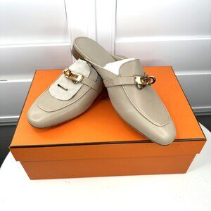 Hermes Oz Beige Calfskin Leather Mule Rose gold
